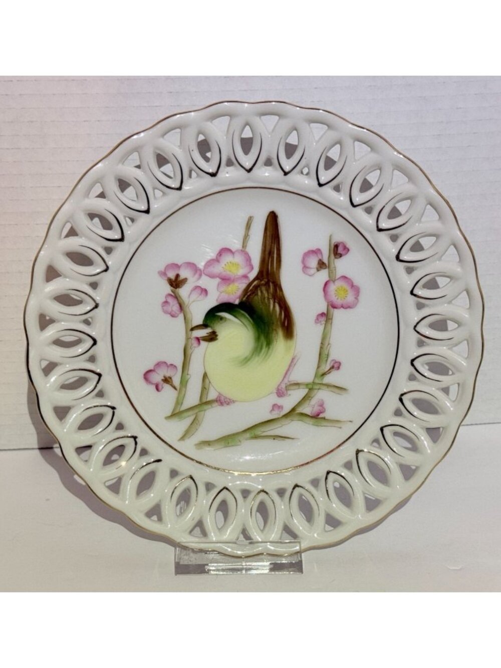 Ucagco Japan Hand-Painted Bird & Cherry Blossom Decorative Porcelain Plate With